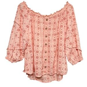 Democracy Boho Eyelet Embroidered Blouse Womens Plus 3X Pink Puff Sleeve Cottage
